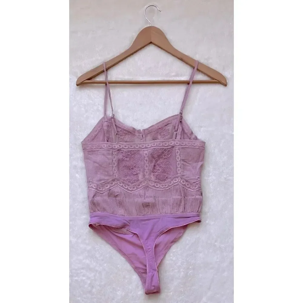 NWT Free People Still the One Lace Trim Cotton Bodysuit in La Fleur, Size XS